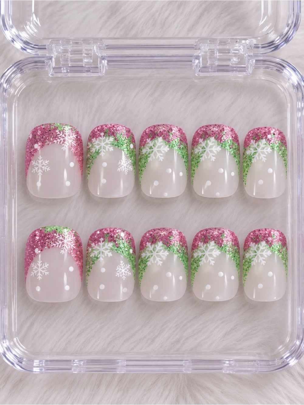 Holiday Pink & Green Glitter Press-On Nails